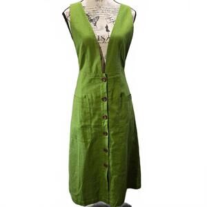 HYFVE Green Button Front Pinafore Dress Cross Back Midi Pocket Small linen Boho